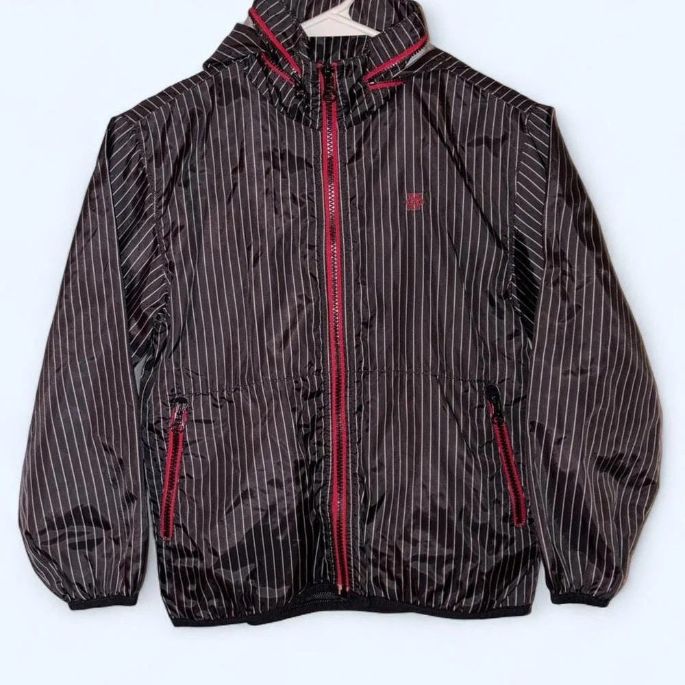 Old Navy black with white vertical pinstripe windbreaker jacket in a small